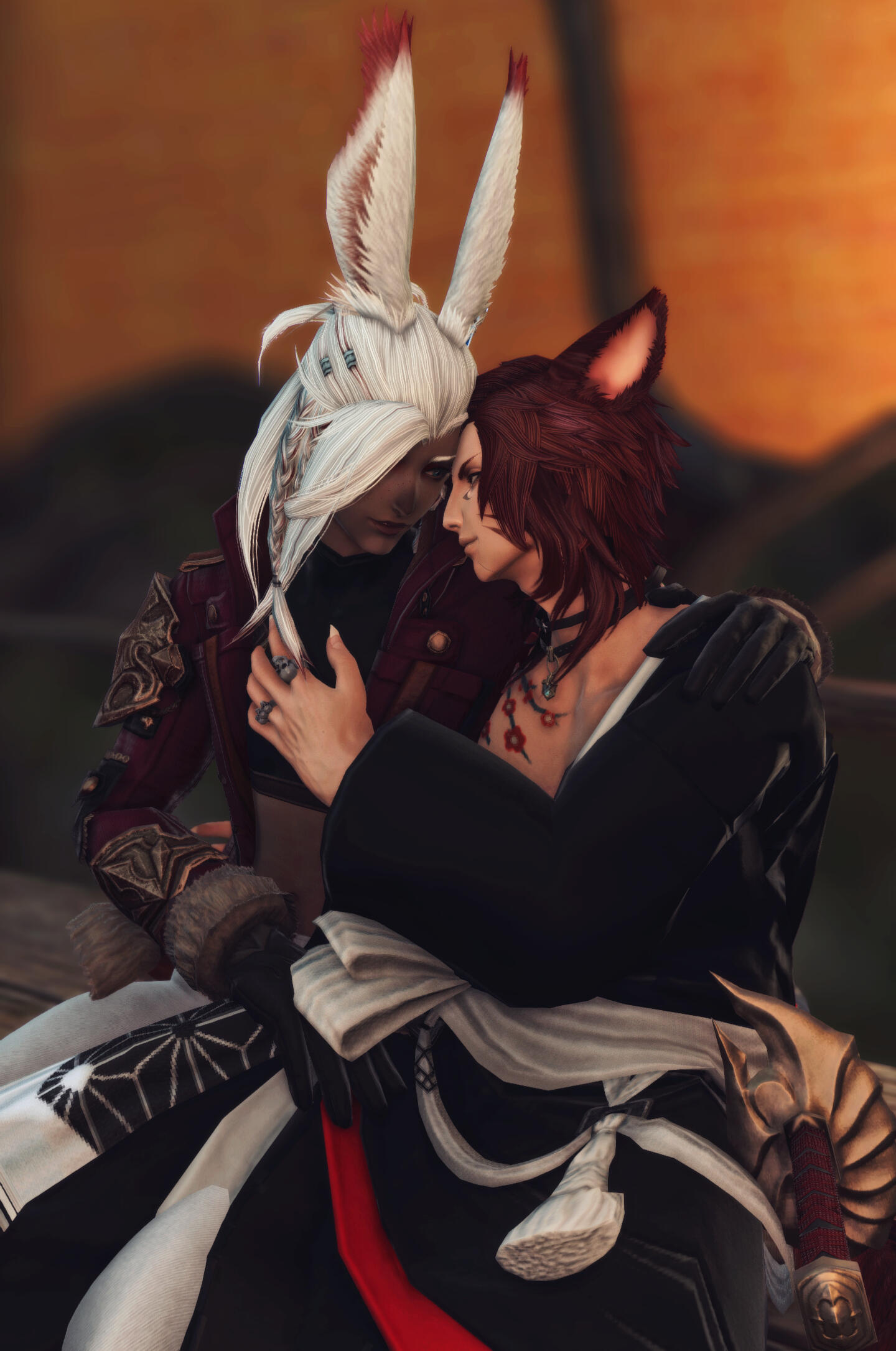 A male white-haired Viera and a male auburn-haired Miqo'te share an intimate moment.